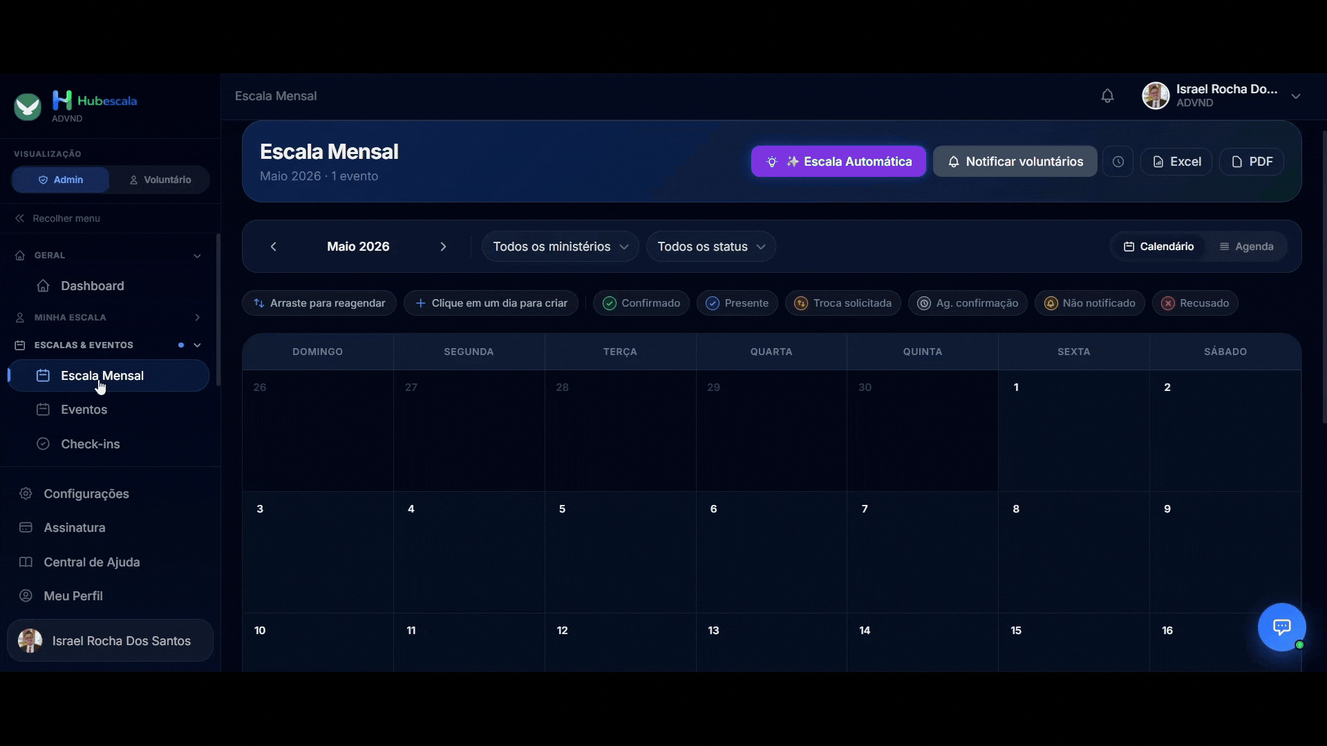 Escala Automática em Ação — HubEscala gerando escalas automaticamente
